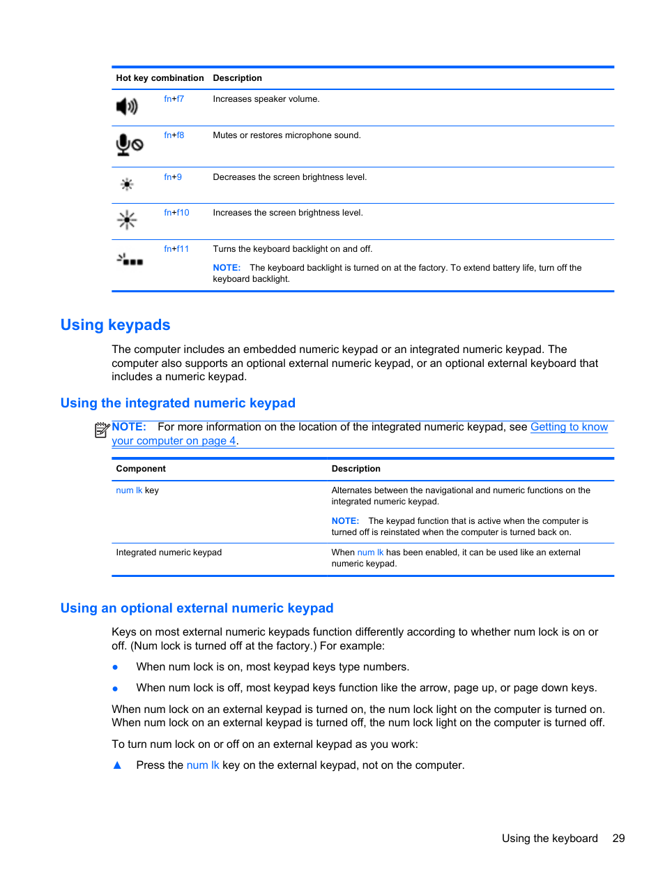 Using keypads, Using the integrated numeric keypad, Using an optional external numeric keypad | HP ZBook 15 Mobile Workstation User Manual | Page 39 / 108