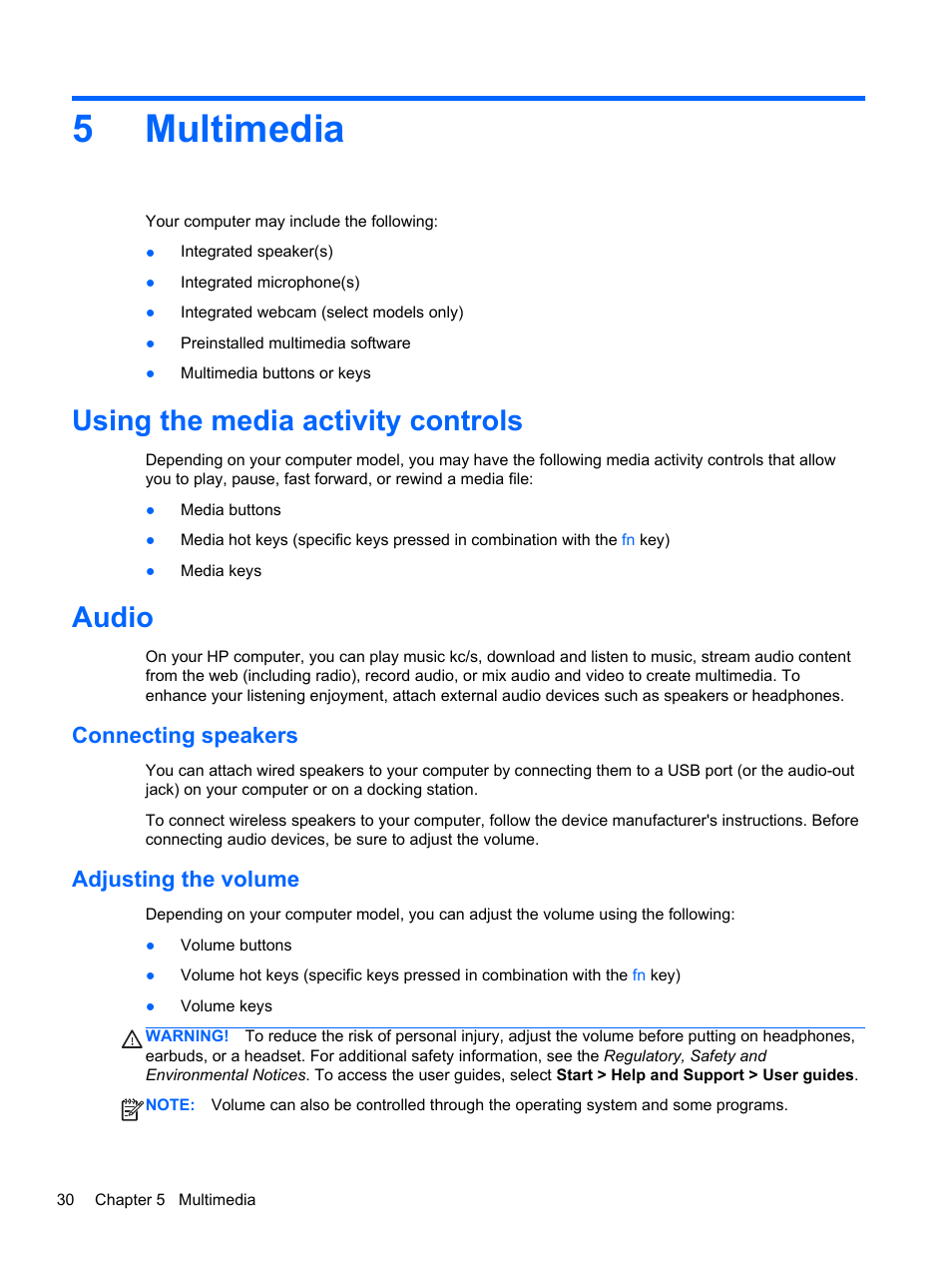 Multimedia, Using the media activity controls, Audio | Connecting speakers, Adjusting the volume, 5 multimedia, Using the media activity controls audio, Connecting speakers adjusting the volume, 5multimedia | HP ZBook 15 Mobile Workstation User Manual | Page 40 / 108