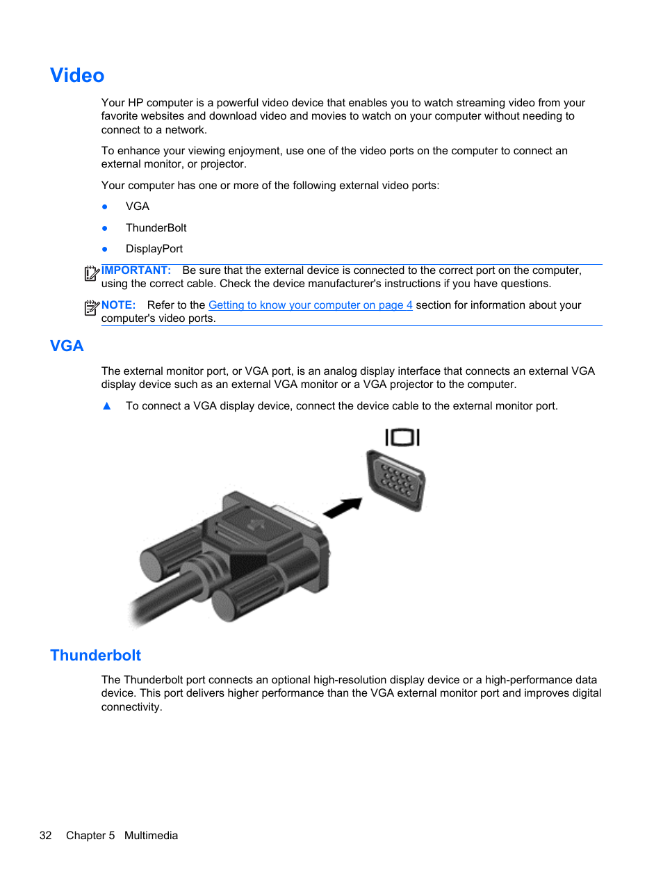 Video, Thunderbolt, Vga thunderbolt | HP ZBook 15 Mobile Workstation User Manual | Page 42 / 108