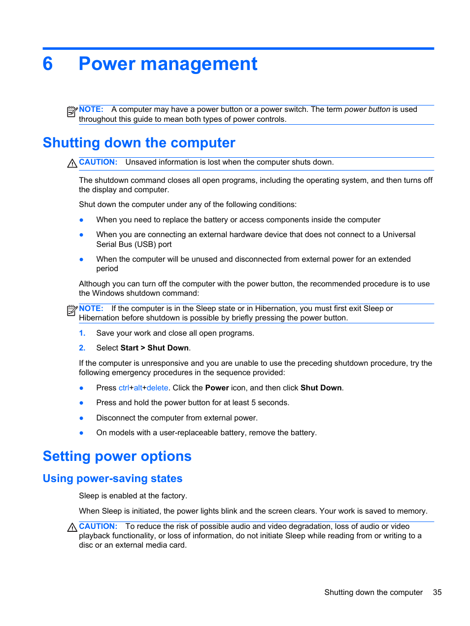 Power management, Shutting down the computer, Setting power options | Using power-saving states, 6 power management, Shutting down the computer setting power options, 6power management | HP ZBook 15 Mobile Workstation User Manual | Page 45 / 108