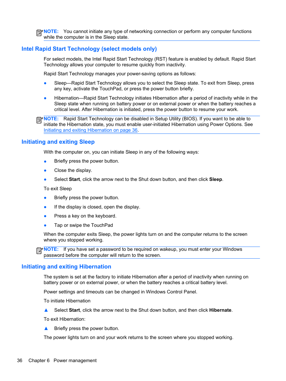 Intel rapid start technology (select models only), Initiating and exiting sleep, Initiating and exiting hibernation | HP ZBook 15 Mobile Workstation User Manual | Page 46 / 108