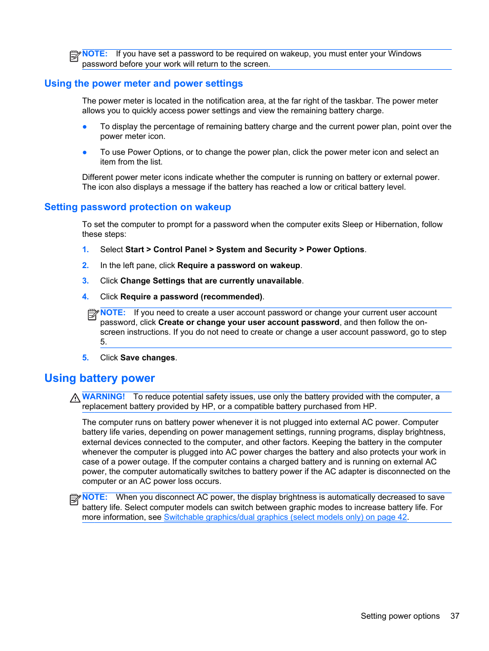 Using the power meter and power settings, Setting password protection on wakeup, Using battery power | HP ZBook 15 Mobile Workstation User Manual | Page 47 / 108