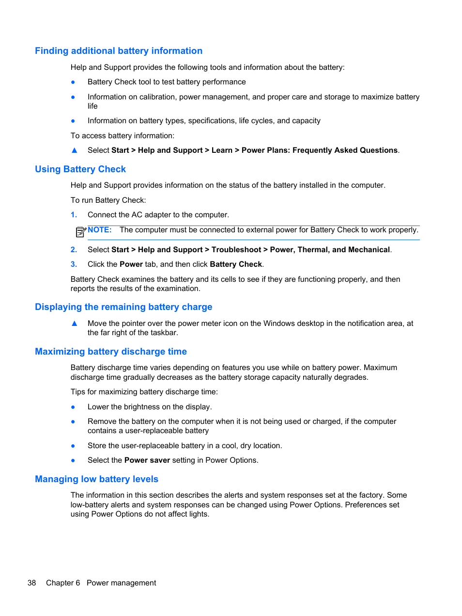 Finding additional battery information, Using battery check, Displaying the remaining battery charge | Maximizing battery discharge time, Managing low battery levels | HP ZBook 15 Mobile Workstation User Manual | Page 48 / 108