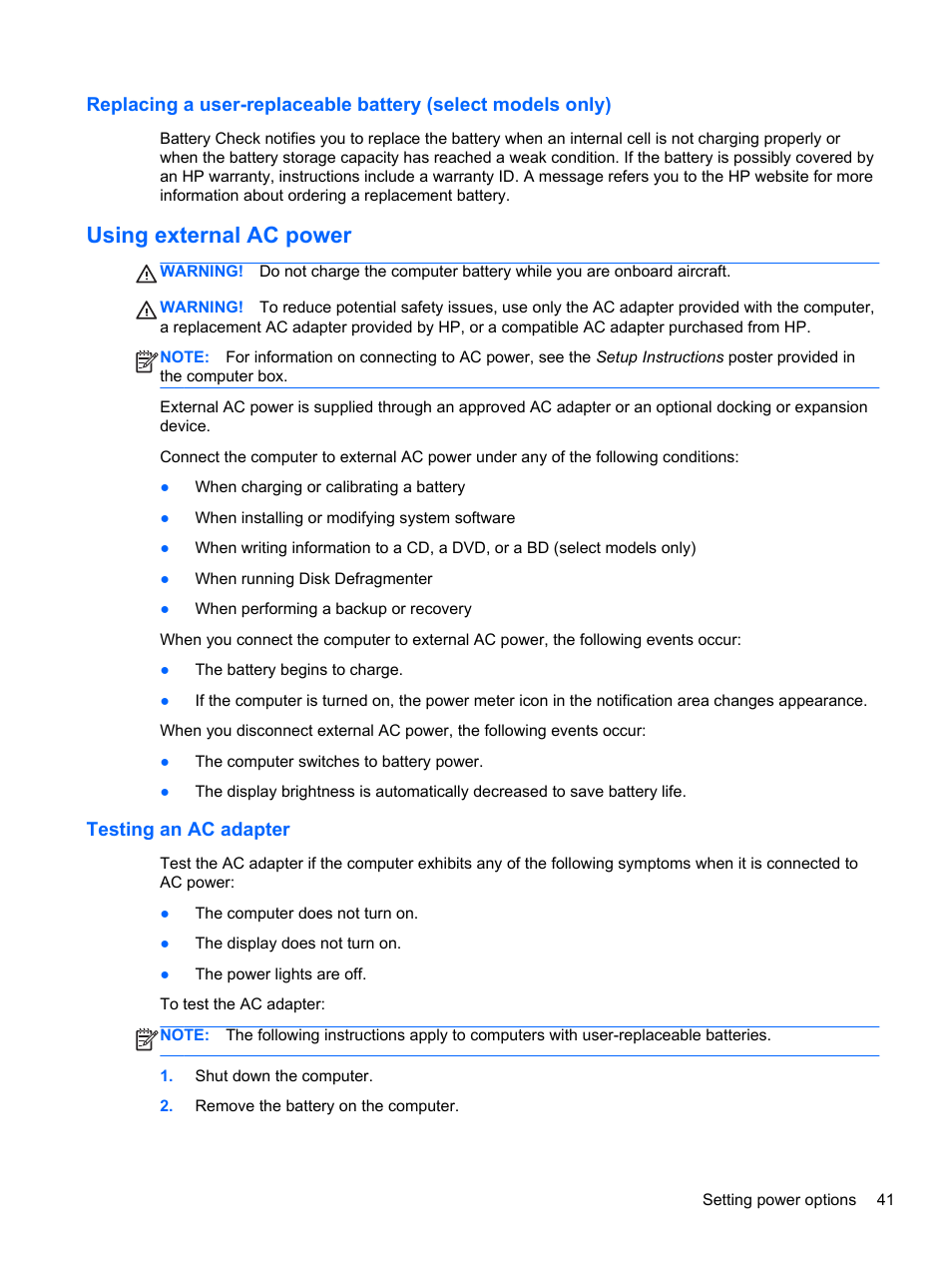 Using external ac power, Testing an ac adapter | HP ZBook 15 Mobile Workstation User Manual | Page 51 / 108