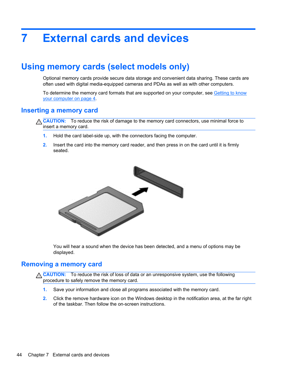 External cards and devices, Using memory cards (select models only), Inserting a memory card | Removing a memory card, 7 external cards and devices, Inserting a memory card removing a memory card, 7external cards and devices | HP ZBook 15 Mobile Workstation User Manual | Page 54 / 108