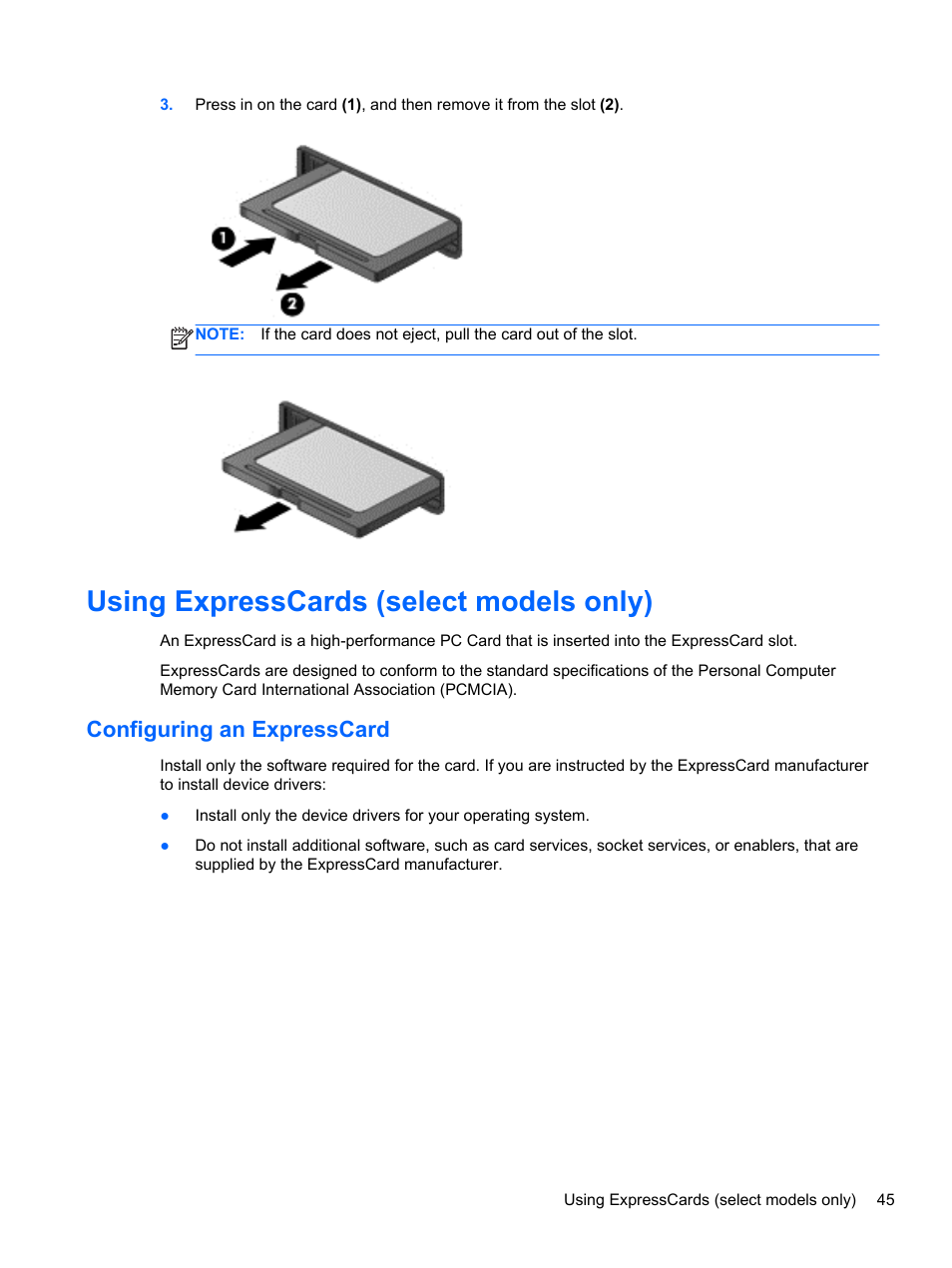 Using expresscards (select models only), Configuring an expresscard | HP ZBook 15 Mobile Workstation User Manual | Page 55 / 108