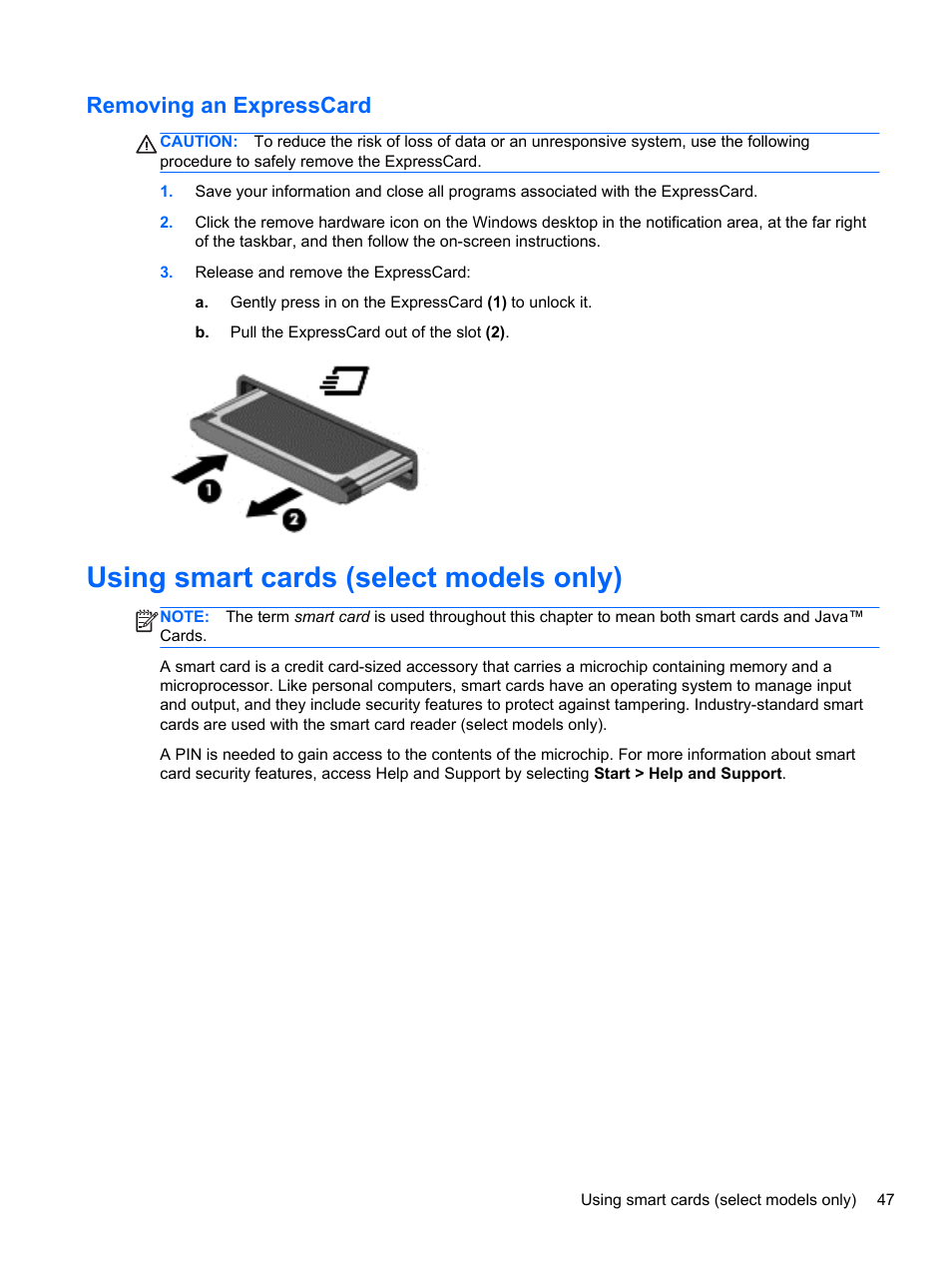 Removing an expresscard, Using smart cards (select models only) | HP ZBook 15 Mobile Workstation User Manual | Page 57 / 108