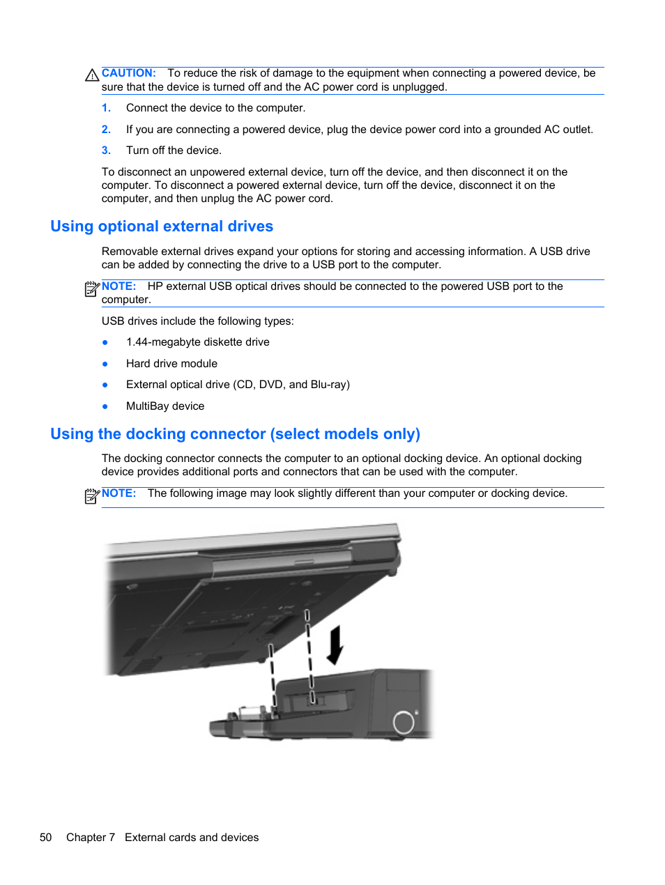 Using optional external drives, Using the docking connector (select models only) | HP ZBook 15 Mobile Workstation User Manual | Page 60 / 108