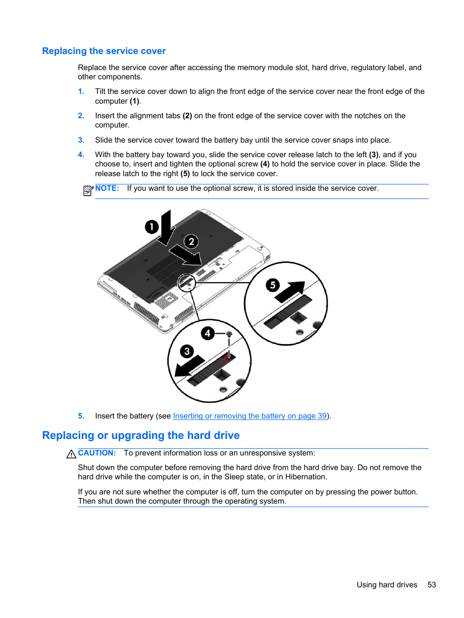 Replacing the service cover, Replacing or upgrading the hard drive | HP ZBook 15 Mobile Workstation User Manual | Page 63 / 108