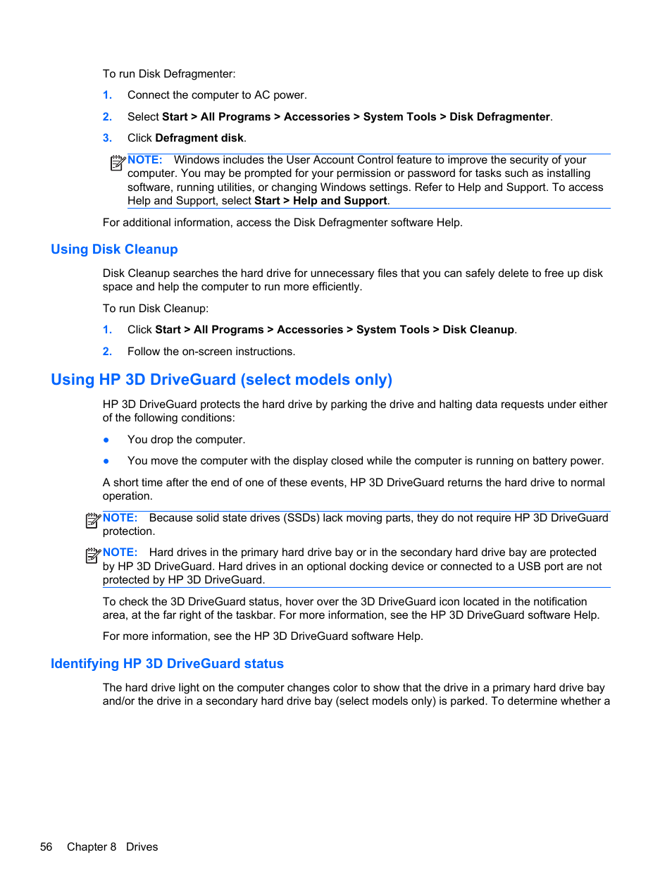 Using disk cleanup, Using hp 3d driveguard (select models only), Identifying hp 3d driveguard status | HP ZBook 15 Mobile Workstation User Manual | Page 66 / 108