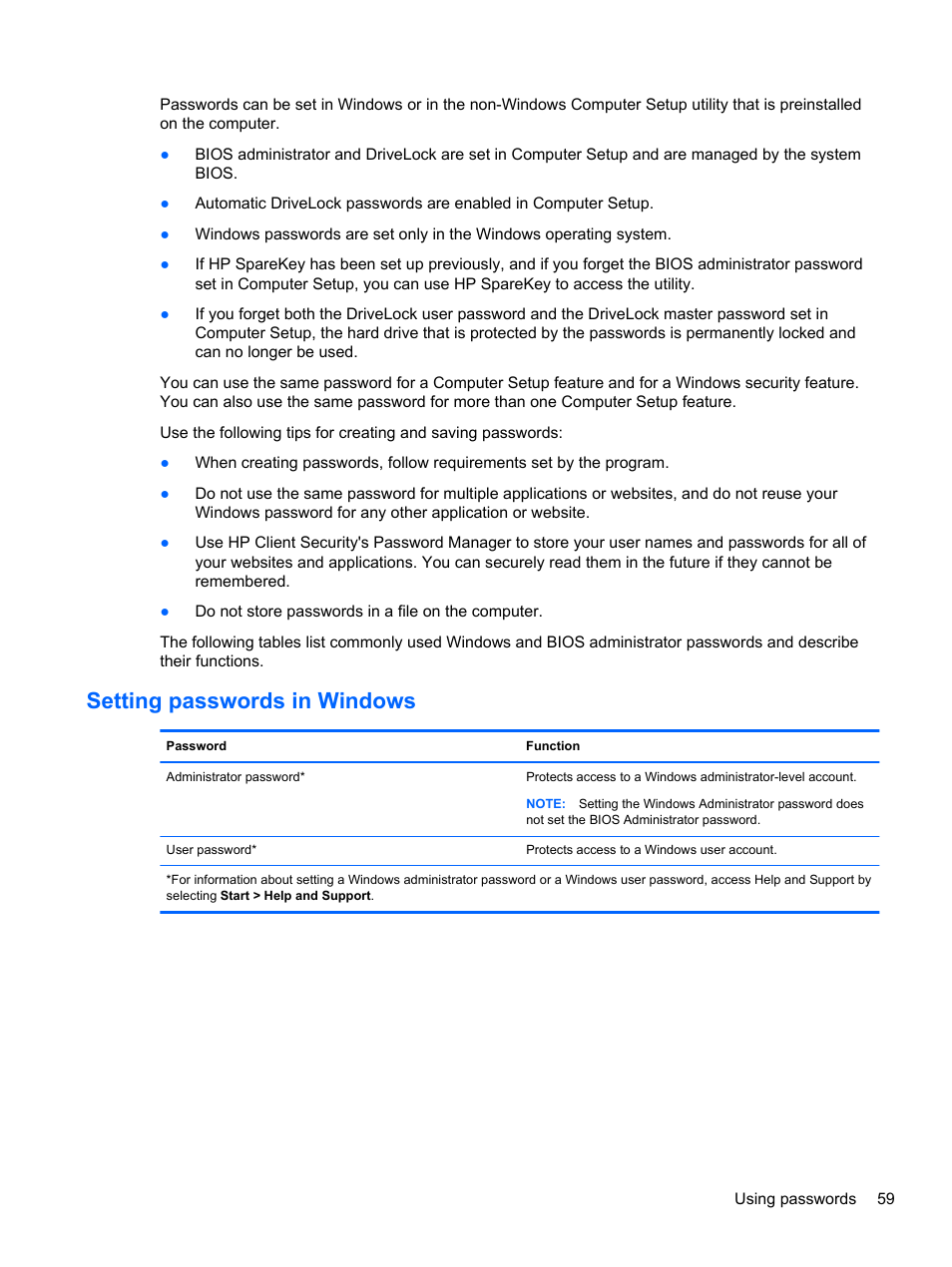 Setting passwords in windows | HP ZBook 15 Mobile Workstation User Manual | Page 69 / 108