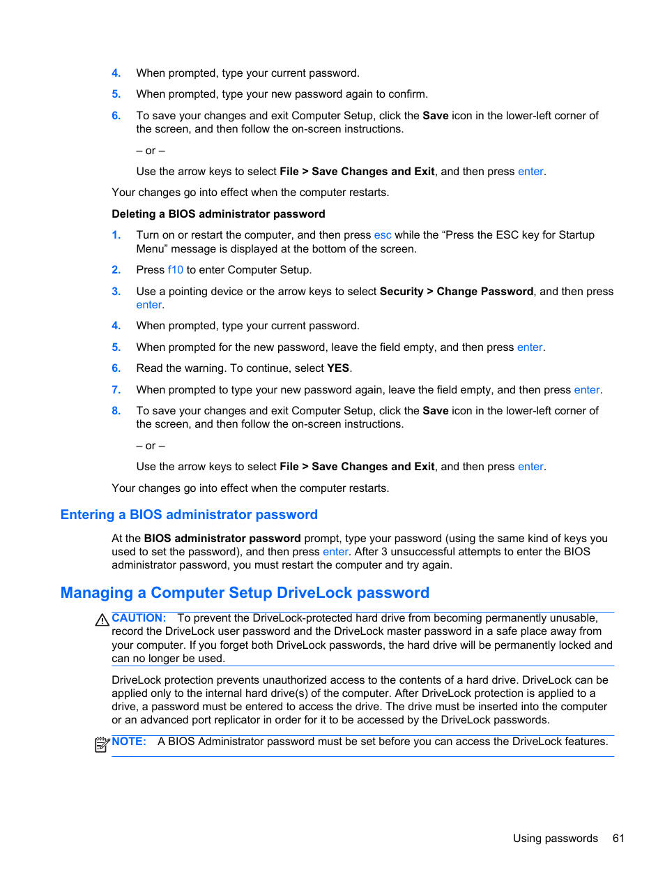 Entering a bios administrator password, Managing a computer setup drivelock password | HP ZBook 15 Mobile Workstation User Manual | Page 71 / 108