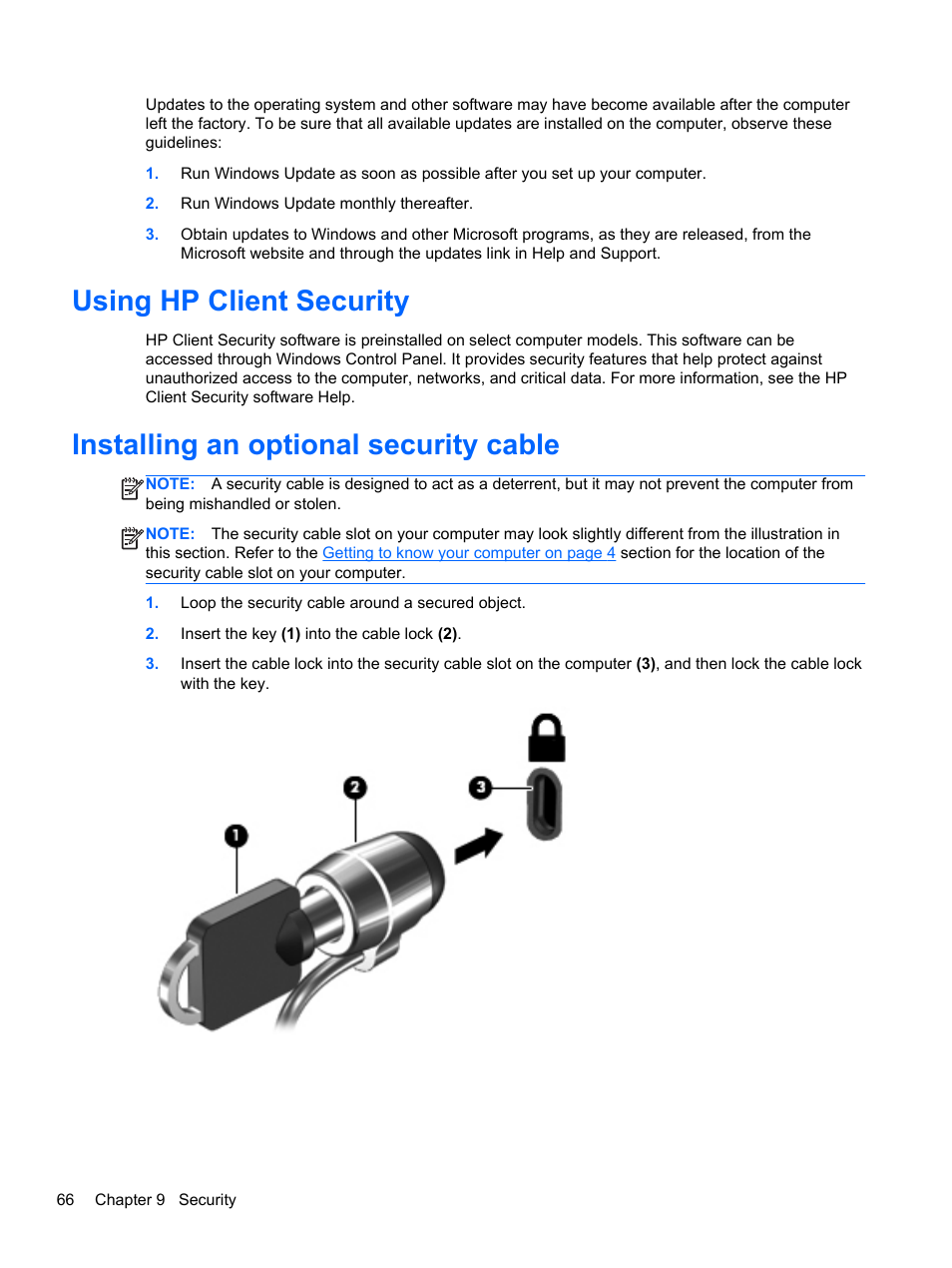 Using hp client security, Installing an optional security cable | HP ZBook 15 Mobile Workstation User Manual | Page 76 / 108