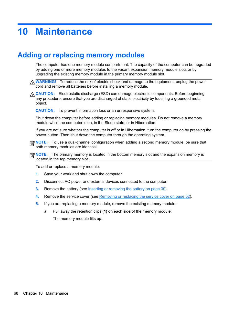 Maintenance, Adding or replacing memory modules, 10 maintenance | HP ZBook 15 Mobile Workstation User Manual | Page 78 / 108