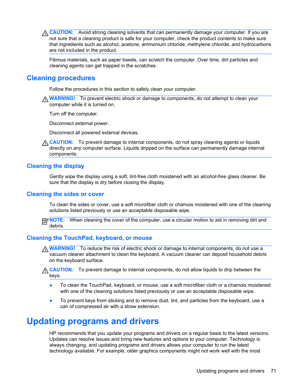 Cleaning procedures, Cleaning the display, Cleaning the sides or cover | Cleaning the touchpad, keyboard, or mouse, Updating programs and drivers | HP ZBook 15 Mobile Workstation User Manual | Page 81 / 108