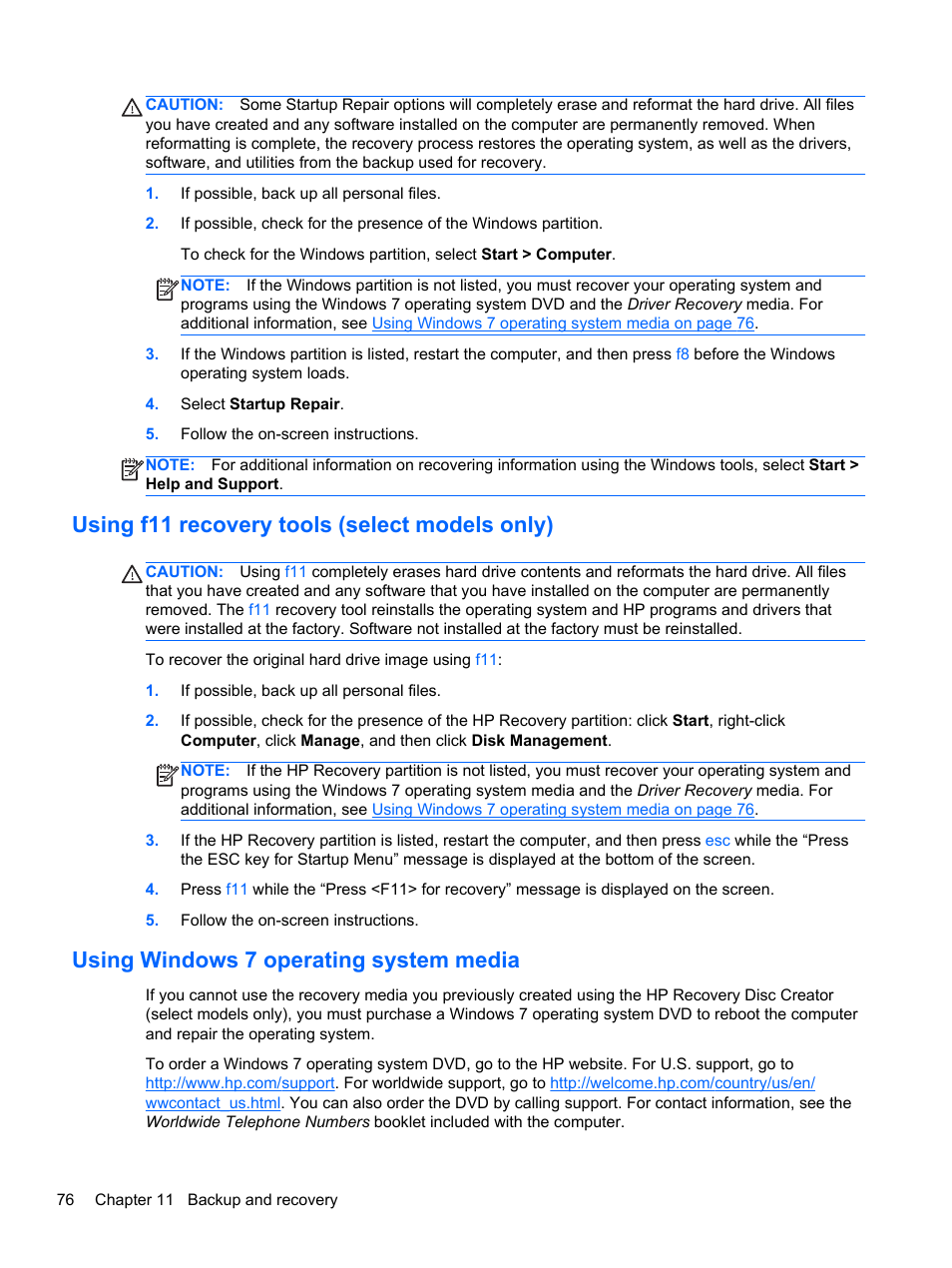 Using f11 recovery tools (select models only), Using windows 7 operating system media | HP ZBook 15 Mobile Workstation User Manual | Page 86 / 108