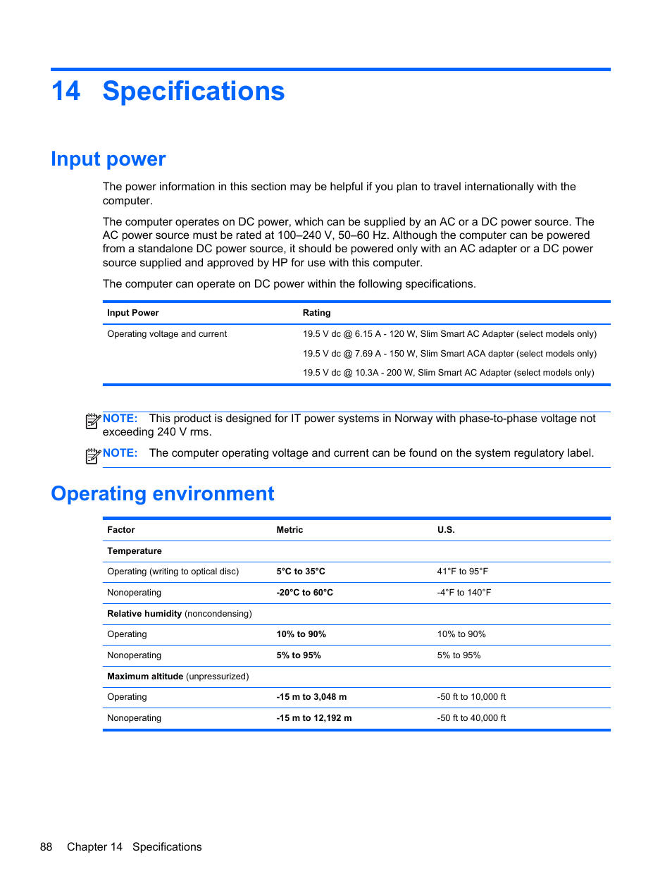 Specifications, Input power, Operating environment | 14 specifications, Input power operating environment | HP ZBook 15 Mobile Workstation User Manual | Page 98 / 108