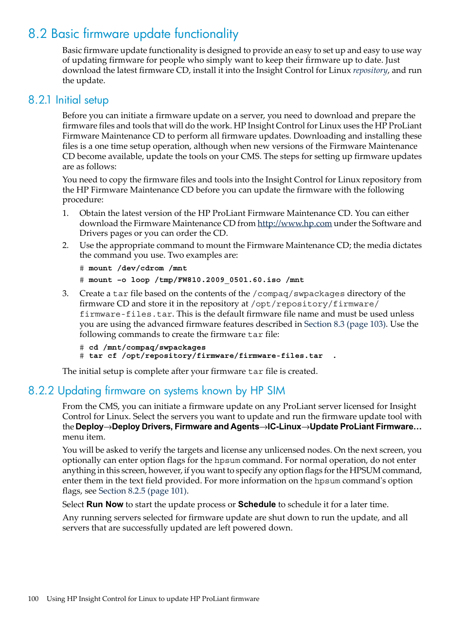 2 basic firmware update functionality, 1 initial setup, 2 updating firmware on systems known by hp sim | HP Insight Control Software for Linux User Manual | Page 100 / 278