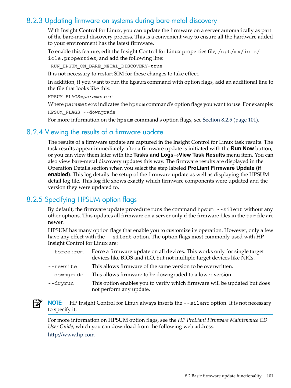 4 viewing the results of a firmware update, 5 specifying hpsum option flags | HP Insight Control Software for Linux User Manual | Page 101 / 278