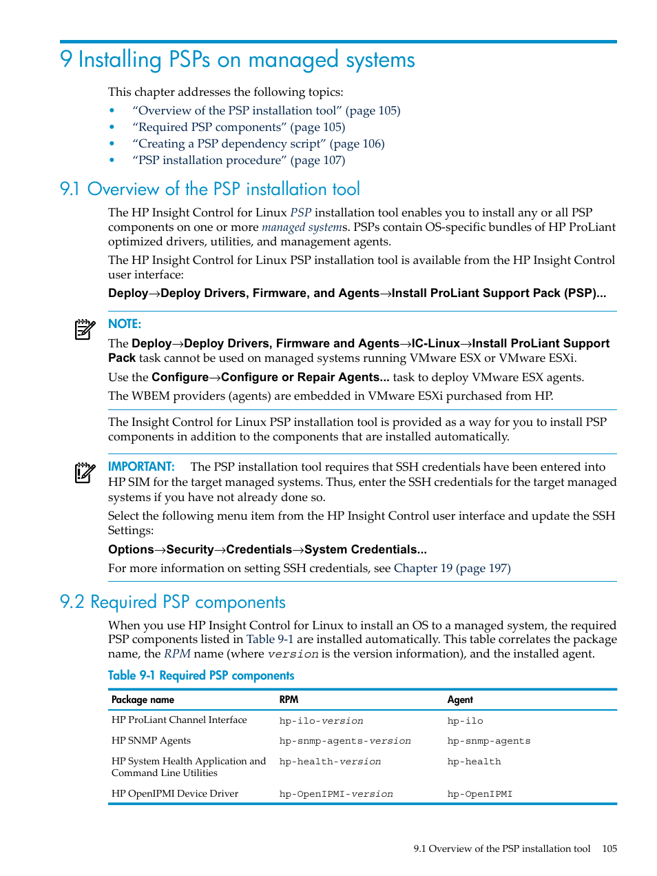 9 installing psps on managed systems, 1 overview of the psp installation tool, 2 required psp components | HP Insight Control Software for Linux User Manual | Page 105 / 278