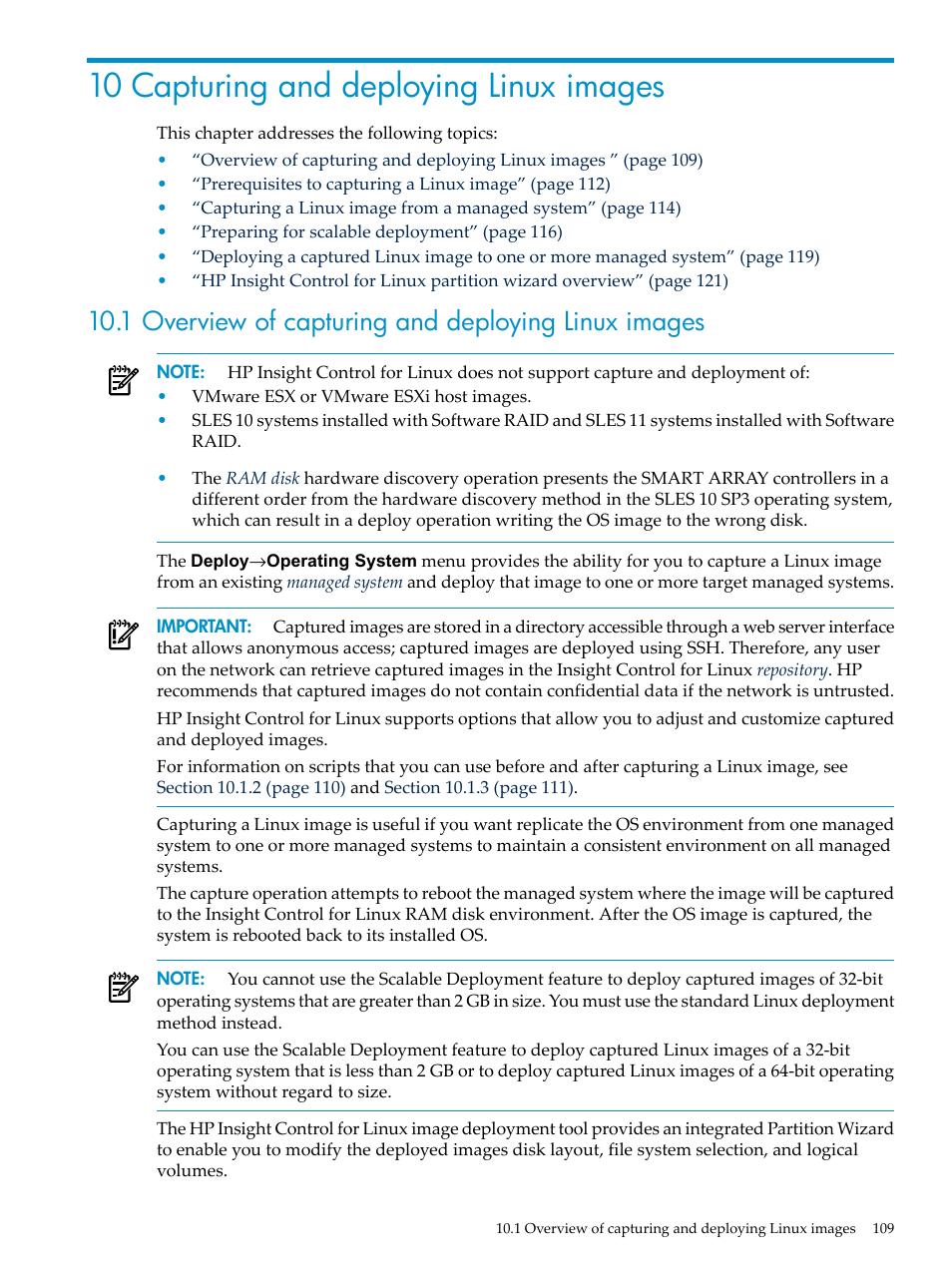 10 capturing and deploying linux images, 1 overview of capturing and deploying linux images | HP Insight Control Software for Linux User Manual | Page 109 / 278