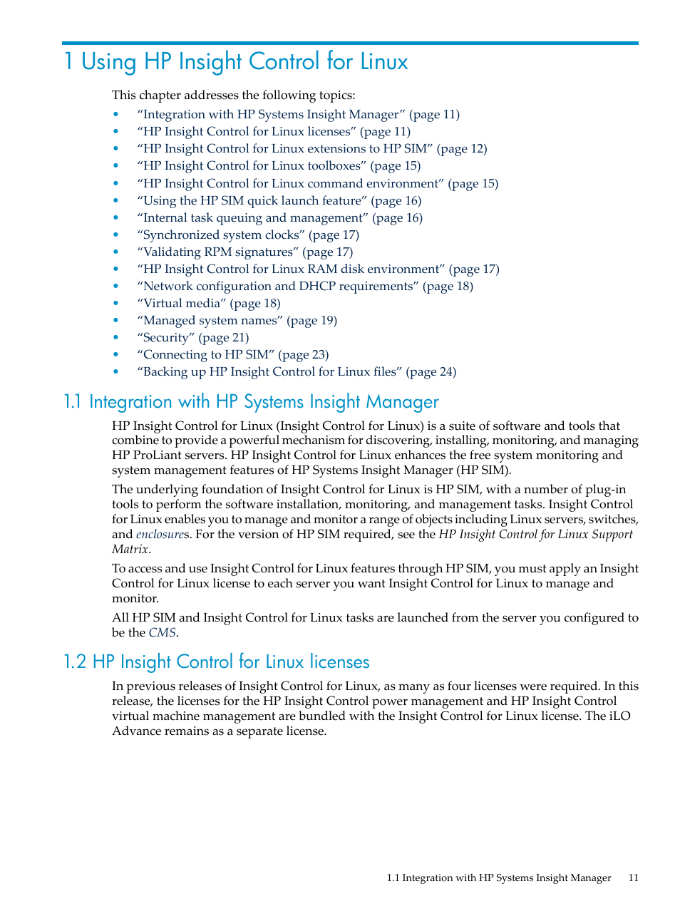 1 using hp insight control for linux, 1 integration with hp systems insight manager, 2 hp insight control for linux licenses | HP Insight Control Software for Linux User Manual | Page 11 / 278