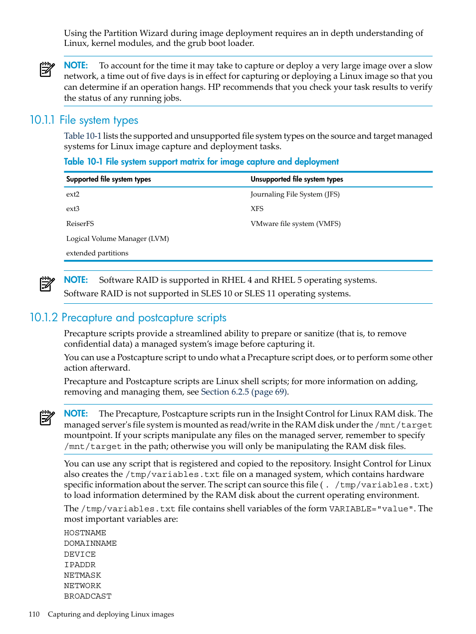 1 file system types, 2 precapture and postcapture scripts | HP Insight Control Software for Linux User Manual | Page 110 / 278