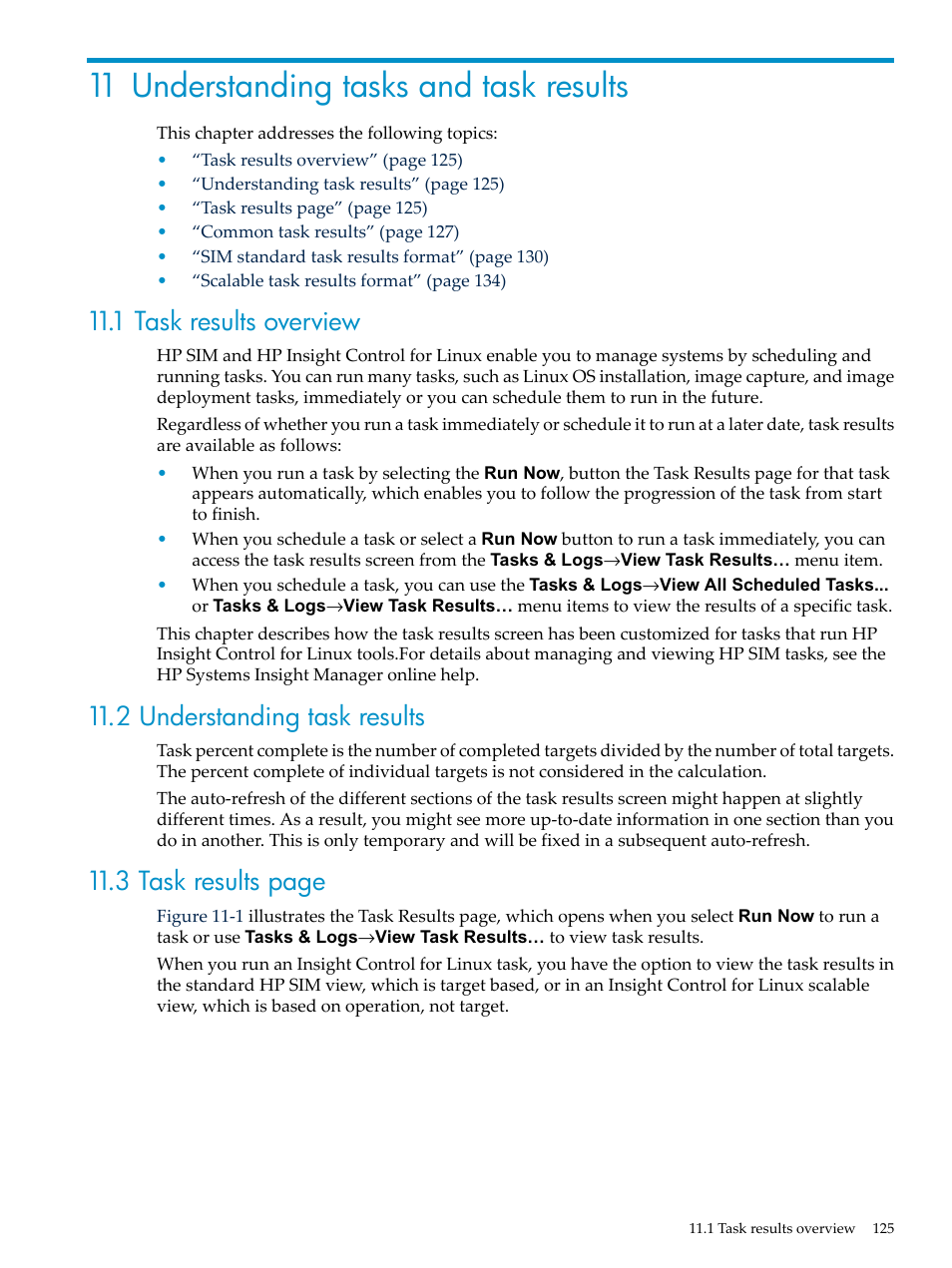 11 understanding tasks and task results, 1 task results overview, 2 understanding task results | 3 task results page | HP Insight Control Software for Linux User Manual | Page 125 / 278