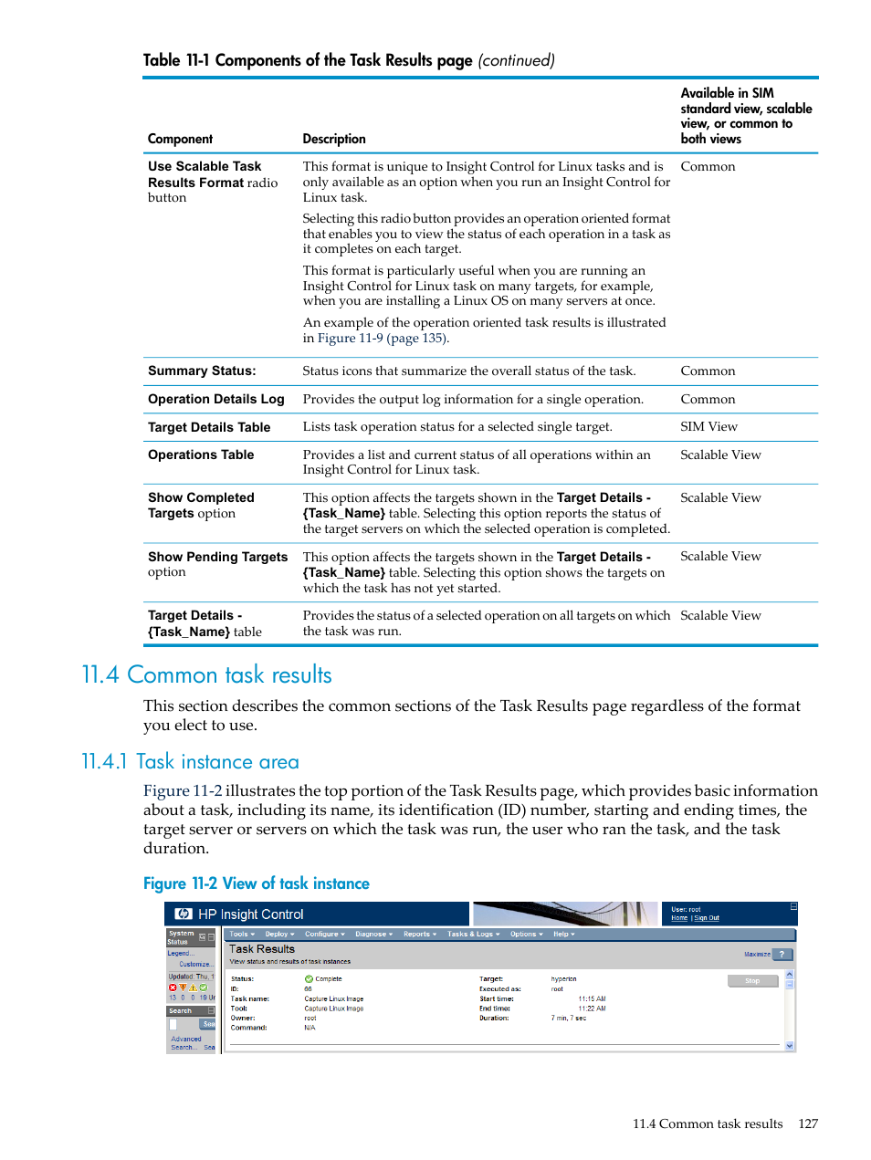 4 common task results, 1 task instance area | HP Insight Control Software for Linux User Manual | Page 127 / 278