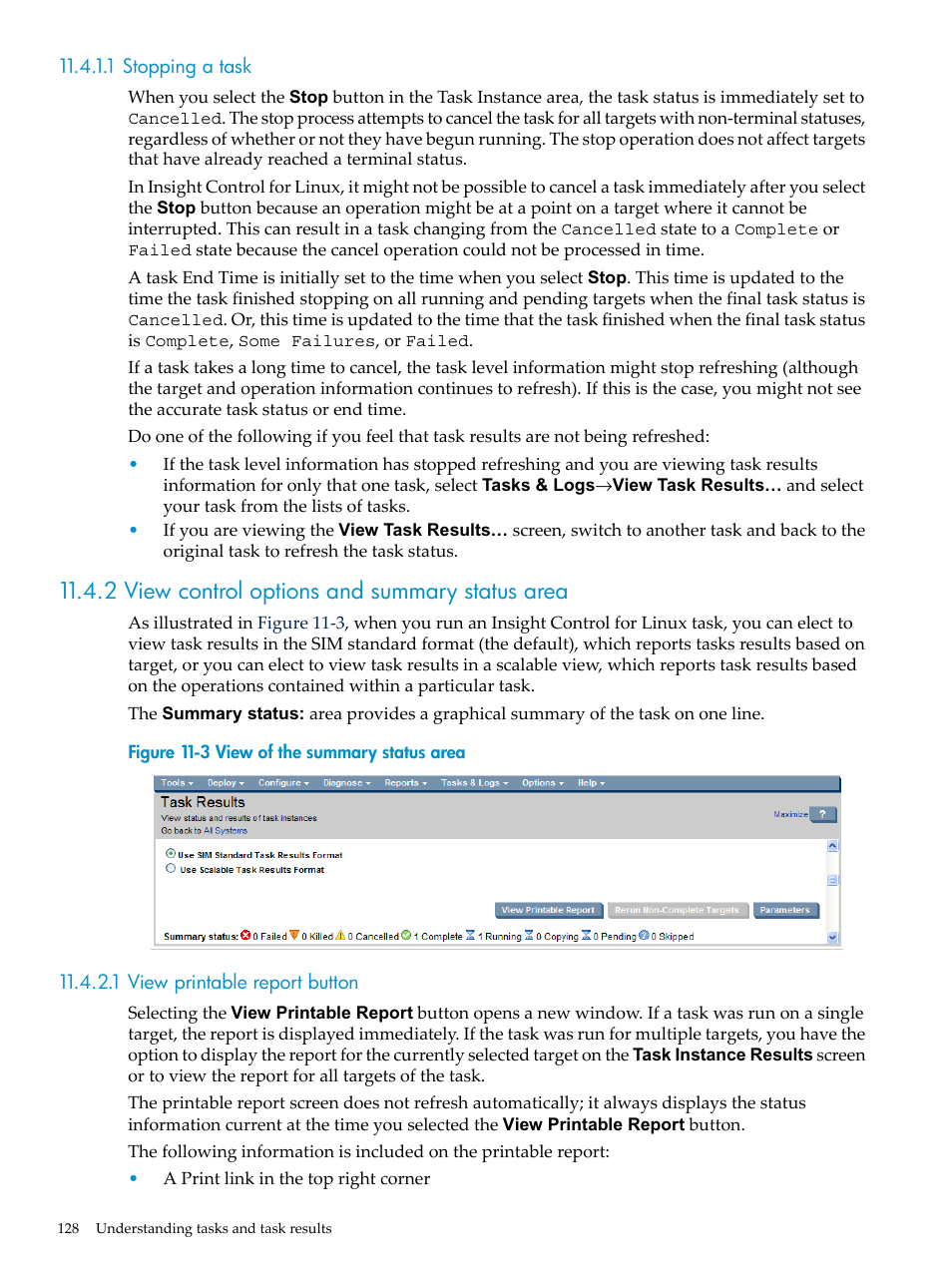 1 stopping a task, 2 view control options and summary status area, 1 view printable report button | HP Insight Control Software for Linux User Manual | Page 128 / 278