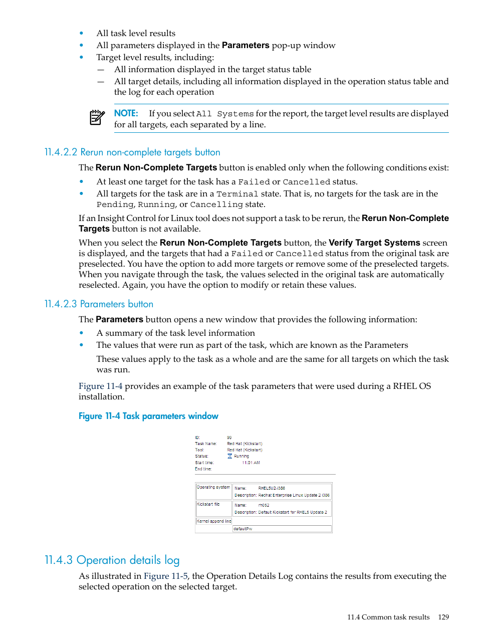 2 rerun non-complete targets button, 3 parameters button, 3 operation details log | HP Insight Control Software for Linux User Manual | Page 129 / 278