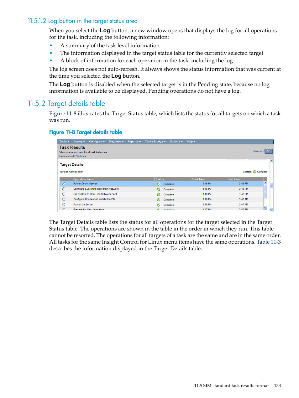 2 log button in the target status area, 2 target details table | HP Insight Control Software for Linux User Manual | Page 133 / 278