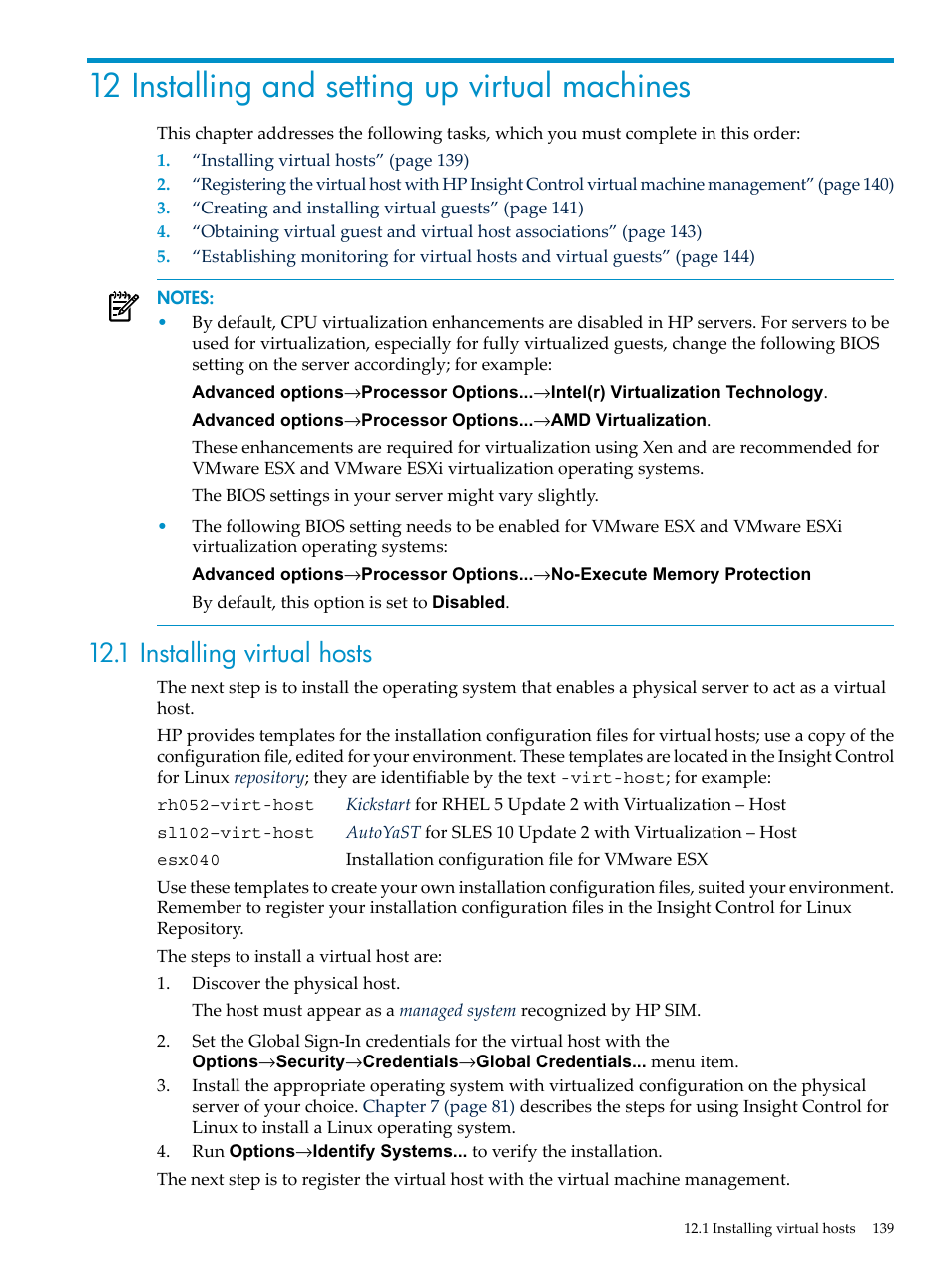 12 installing and setting up virtual machines, 1 installing virtual hosts | HP Insight Control Software for Linux User Manual | Page 139 / 278