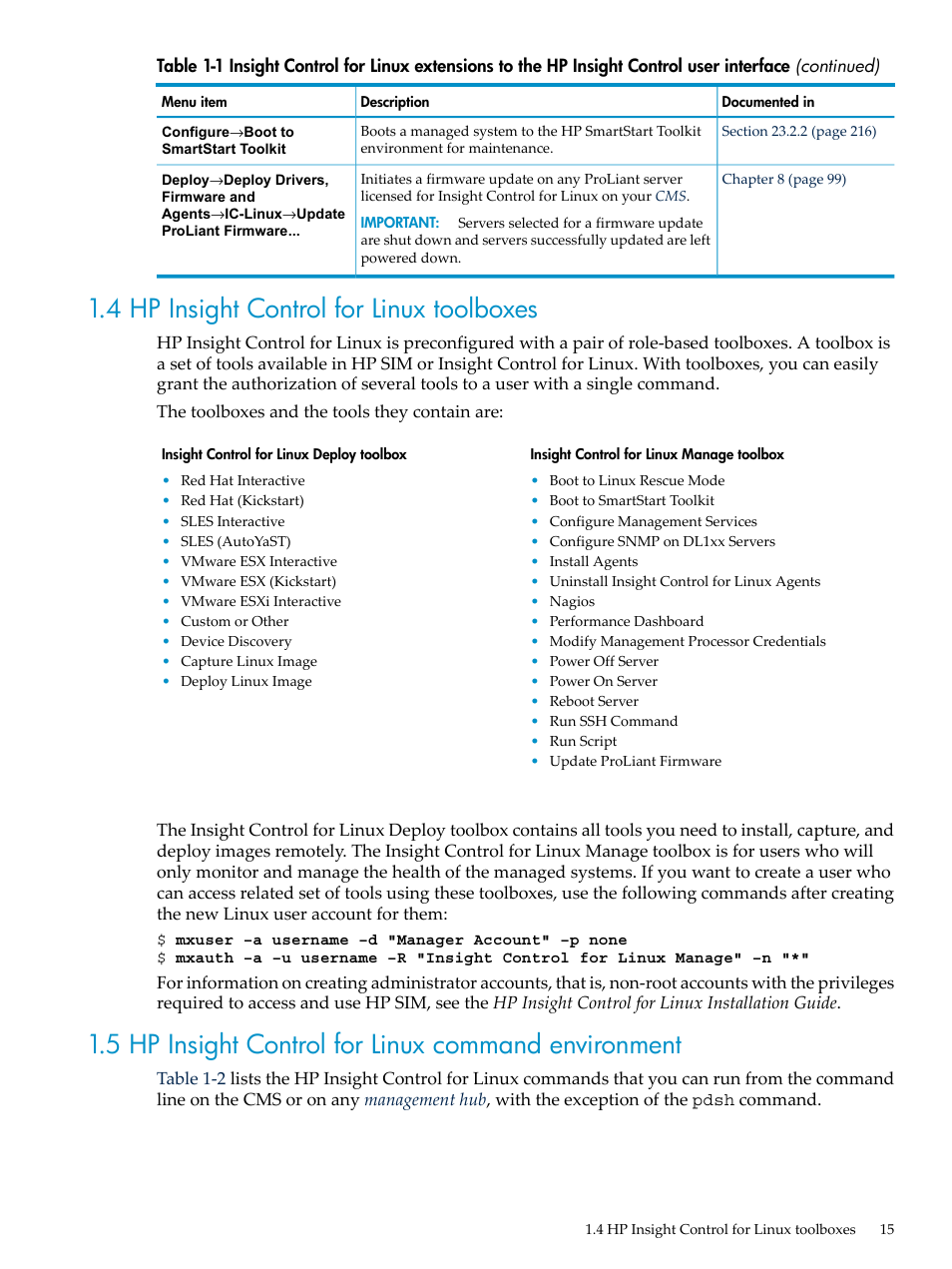 4 hp insight control for linux toolboxes, 5 hp insight control for linux command environment | HP Insight Control Software for Linux User Manual | Page 15 / 278