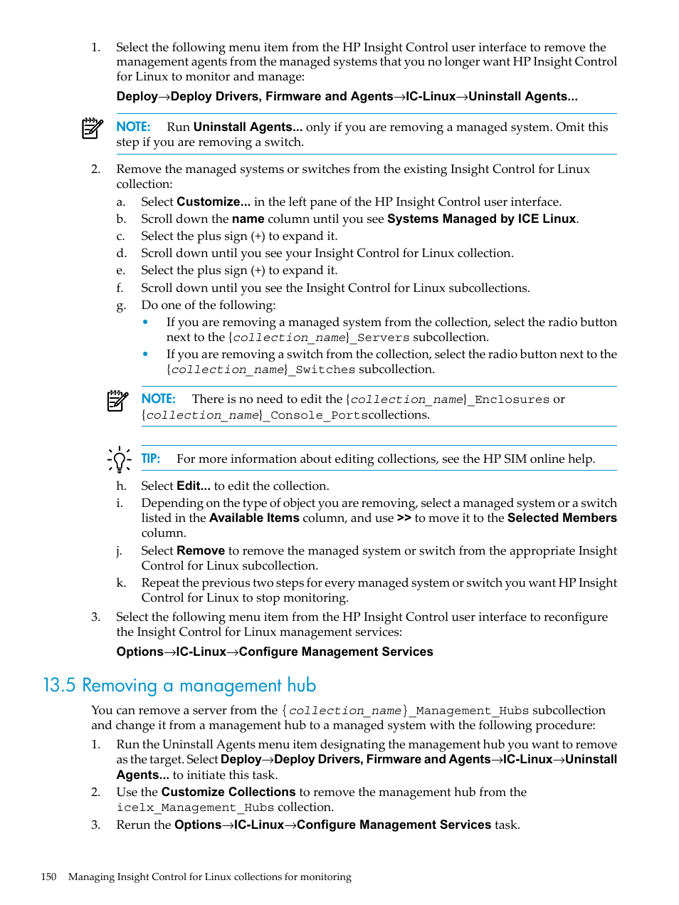 5 removing a management hub | HP Insight Control Software for Linux User Manual | Page 150 / 278