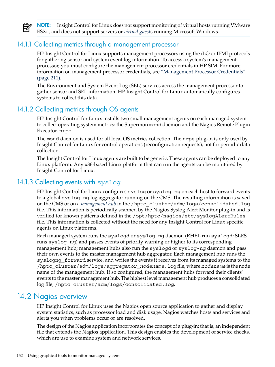 2 collecting metrics through os agents, 3 collecting events with syslog, 2 nagios overview | HP Insight Control Software for Linux User Manual | Page 152 / 278