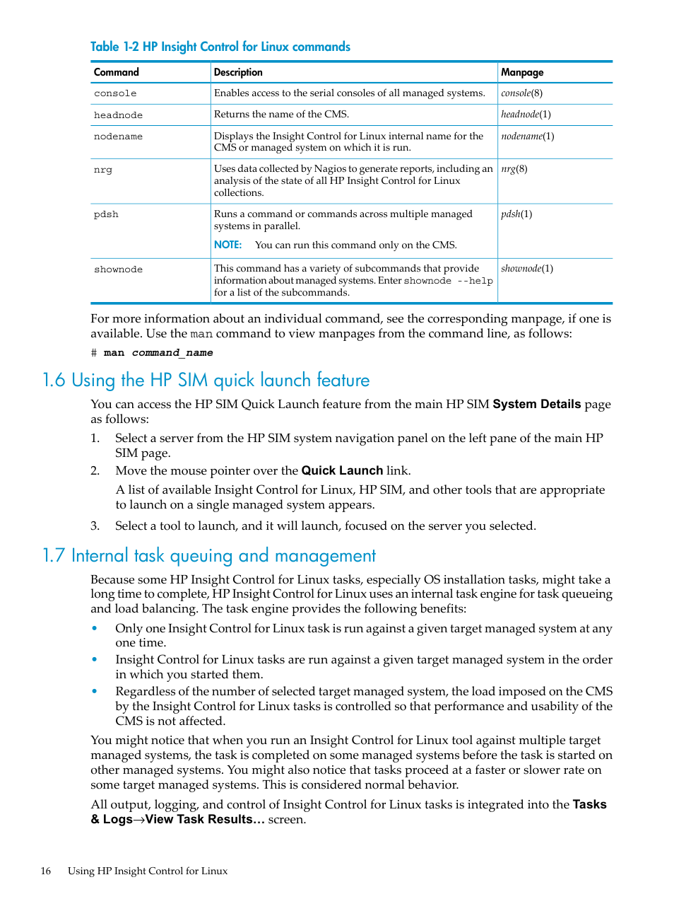 6 using the hp sim quick launch feature, 7 internal task queuing and management, Table 1-2 | HP Insight Control Software for Linux User Manual | Page 16 / 278