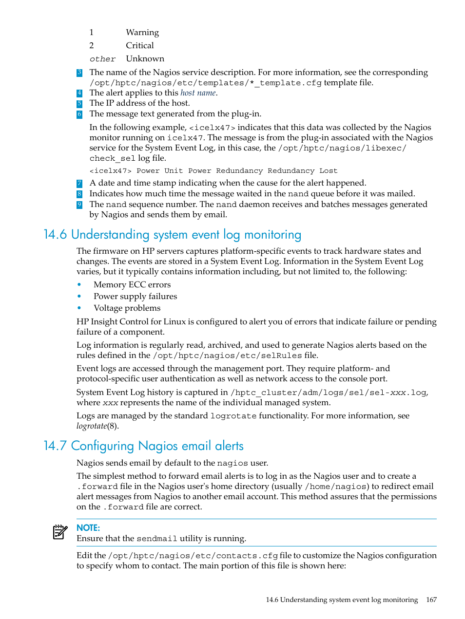 6 understanding system event log monitoring, 7 configuring nagios email alerts | HP Insight Control Software for Linux User Manual | Page 167 / 278