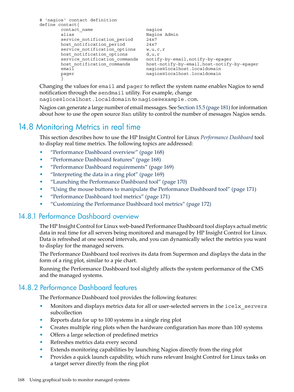 8 monitoring metrics in real time, 1 performance dashboard overview, 2 performance dashboard features | HP Insight Control Software for Linux User Manual | Page 168 / 278