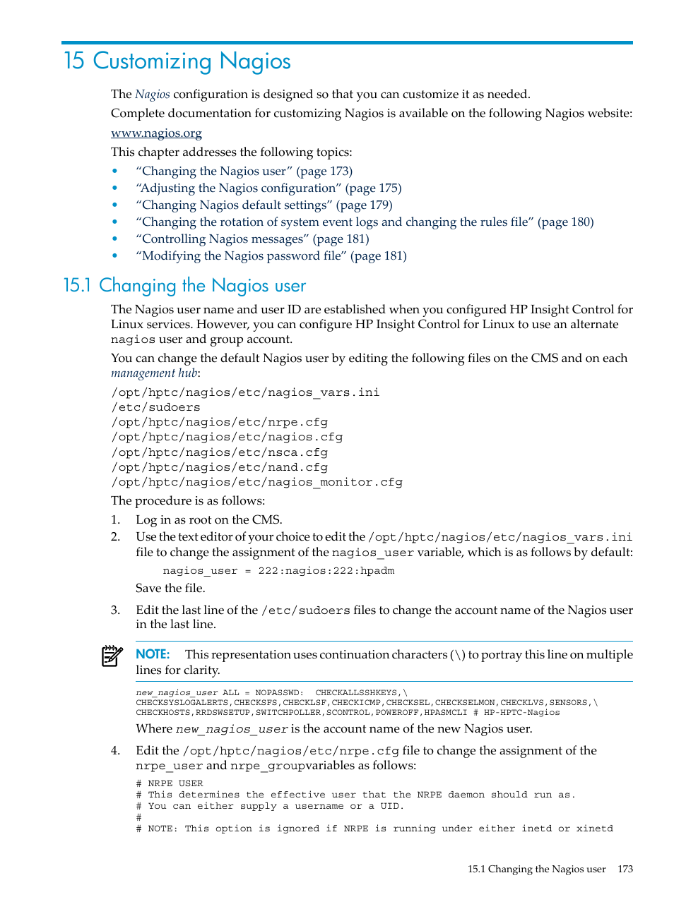 15 customizing nagios, 1 changing the nagios user | HP Insight Control Software for Linux User Manual | Page 173 / 278