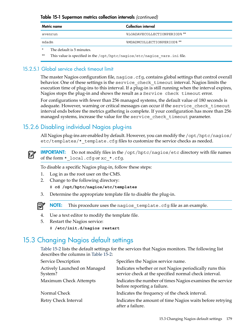 1 global service check timeout limit, 6 disabling individual nagios plug-ins, 3 changing nagios default settings | HP Insight Control Software for Linux User Manual | Page 179 / 278