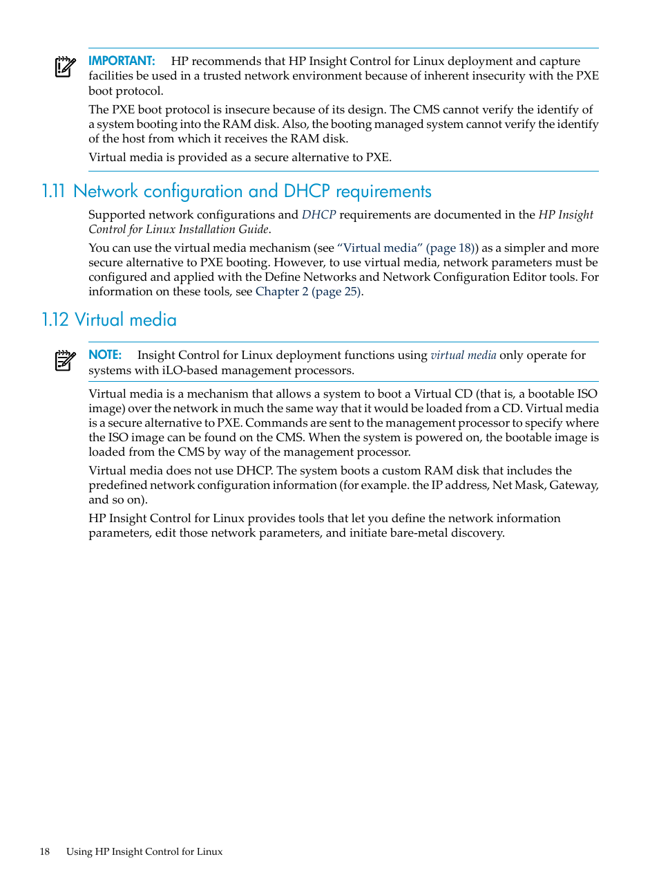 11 network configuration and dhcp requirements, 12 virtual media | HP Insight Control Software for Linux User Manual | Page 18 / 278