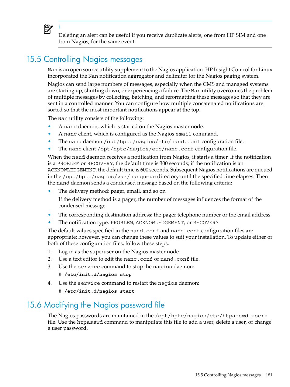 5 controlling nagios messages, 6 modifying the nagios password file | HP Insight Control Software for Linux User Manual | Page 181 / 278