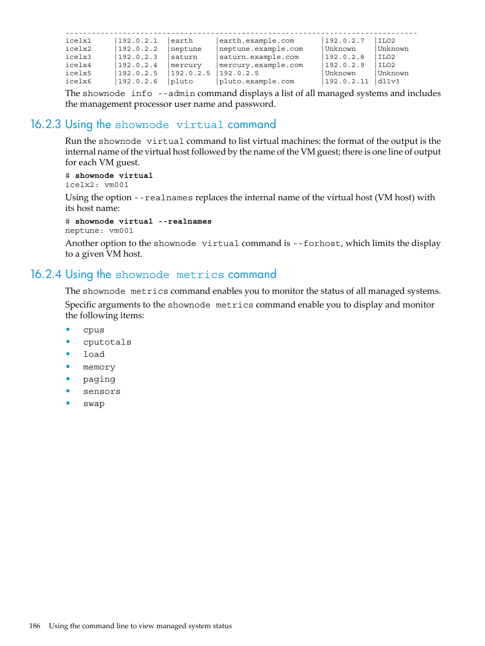 3 using the shownode virtual command, 4 using the shownode metrics command | HP Insight Control Software for Linux User Manual | Page 186 / 278