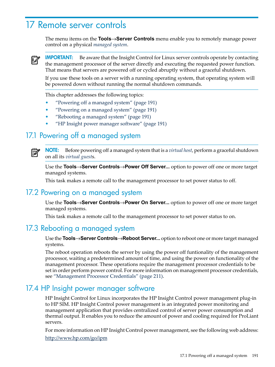 17 remote server controls, 1 powering off a managed system, 2 powering on a managed system | 3 rebooting a managed system, 4 hp insight power manager software | HP Insight Control Software for Linux User Manual | Page 191 / 278