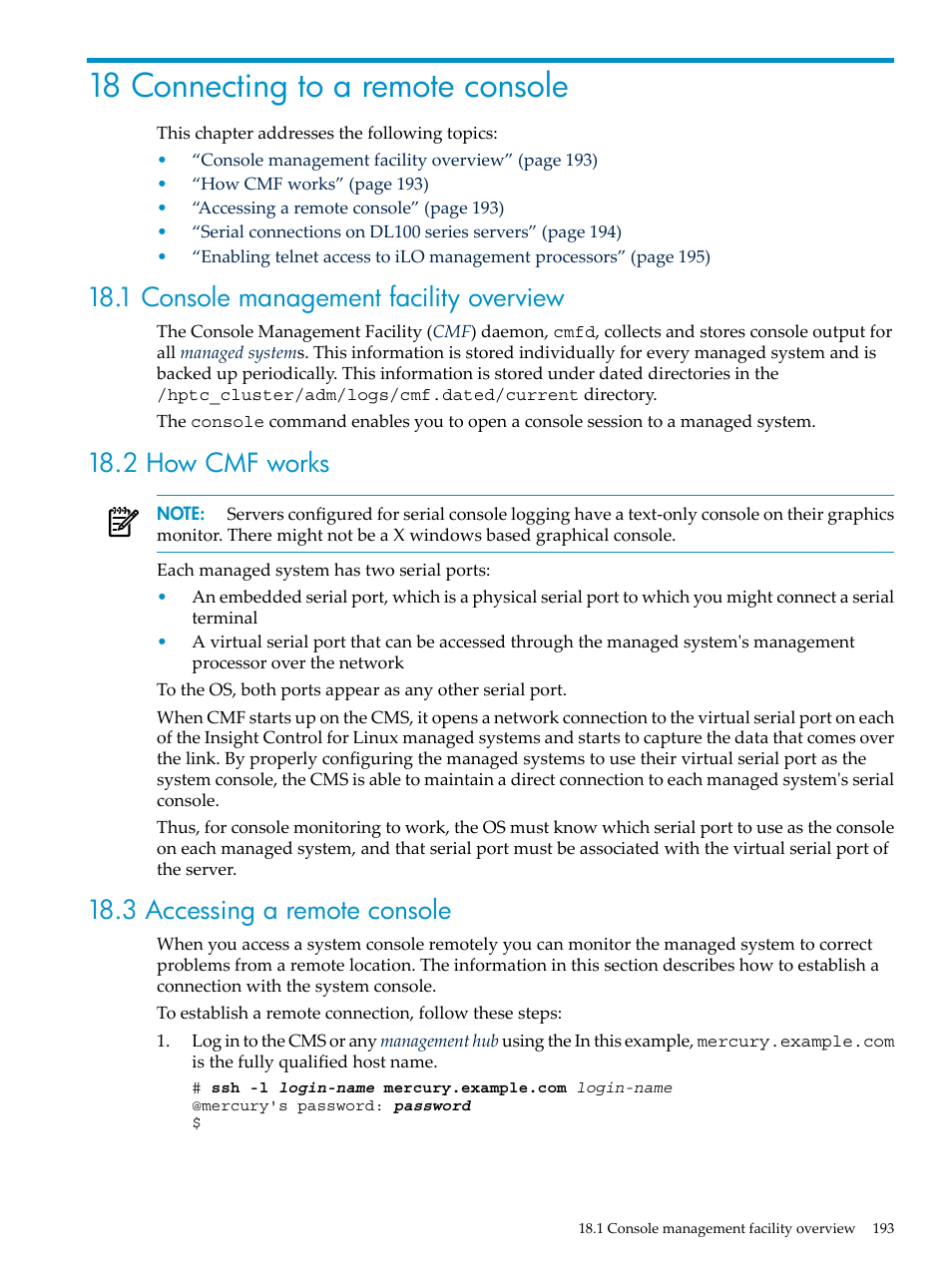 18 connecting to a remote console, 1 console management facility overview, 2 how cmf works | 3 accessing a remote console | HP Insight Control Software for Linux User Manual | Page 193 / 278