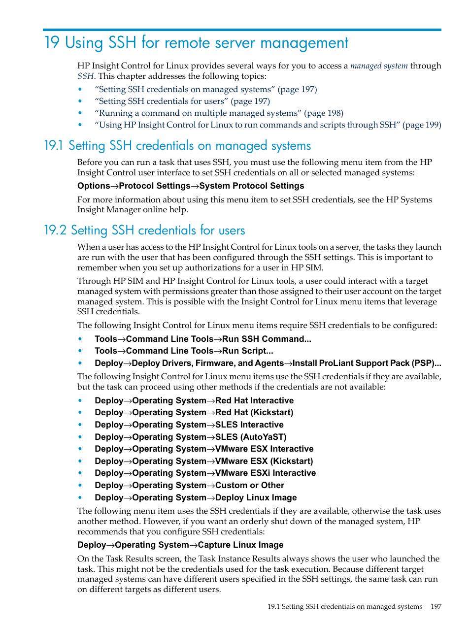 19 using ssh for remote server management, 1 setting ssh credentials on managed systems, 2 setting ssh credentials for users | HP Insight Control Software for Linux User Manual | Page 197 / 278