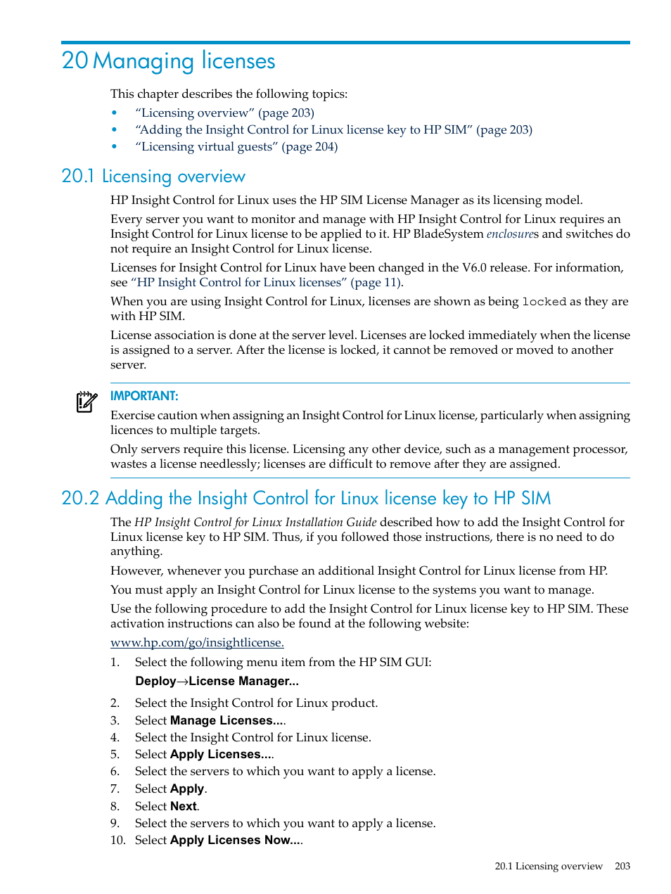 20 managing licenses, 1 licensing overview | HP Insight Control Software for Linux User Manual | Page 203 / 278