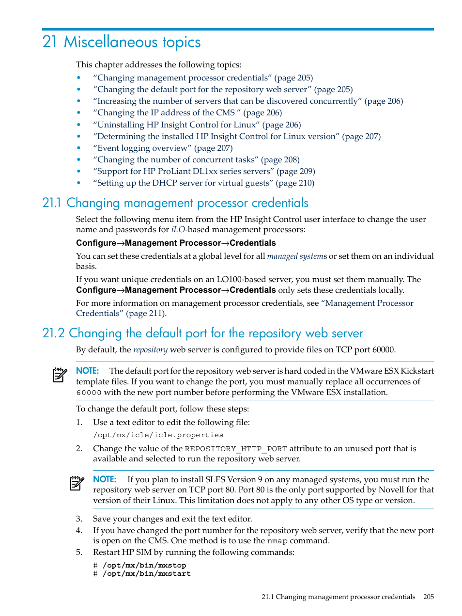 21 miscellaneous topics, 1 changing management processor credentials, Section 21.1 | HP Insight Control Software for Linux User Manual | Page 205 / 278