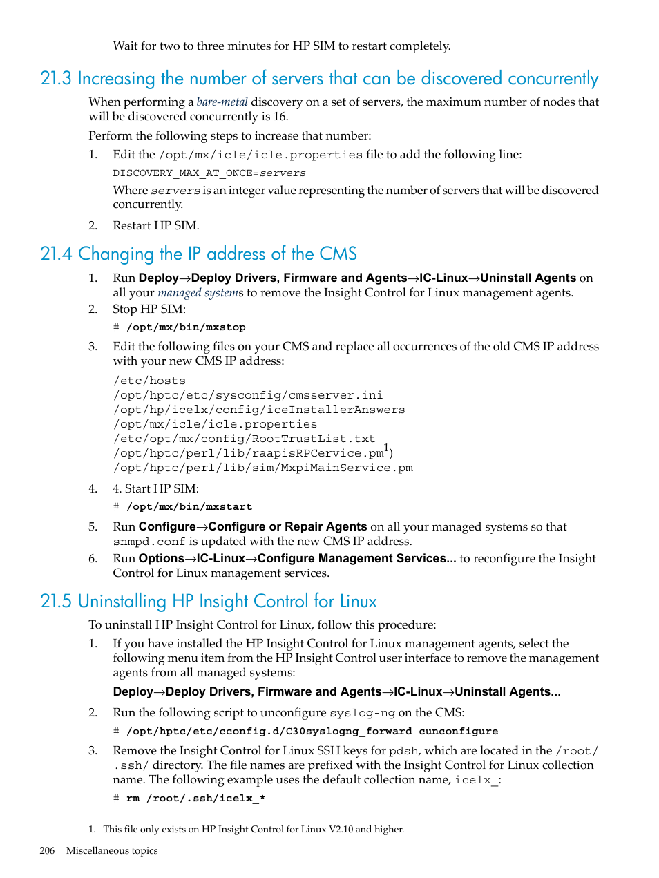 4 changing the ip address of the cms, 5 uninstalling hp insight control for linux | HP Insight Control Software for Linux User Manual | Page 206 / 278